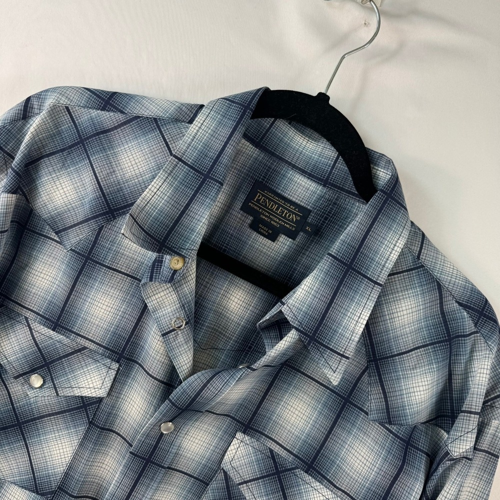 Pendleton Mens Blue Plaid Western Snap Long Sleeve Shirt XL Pearl Snap Yoke